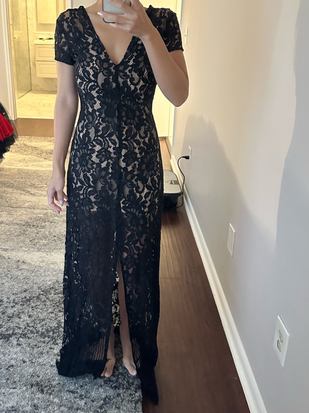 Wayf Black Lace V-Neck Maxi Dress with Short Sleeves